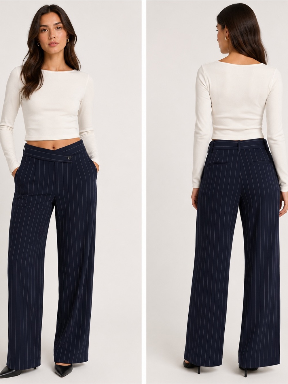 NWT! ZARA Navy Blue Striped Crossover Waist Flare Flare Trousers Size XL